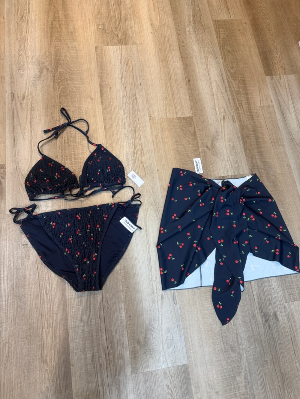 Old Navy BNWT Cherry Bikini and Cover-up, Navy Blue, Top-XL, Bottoms-L